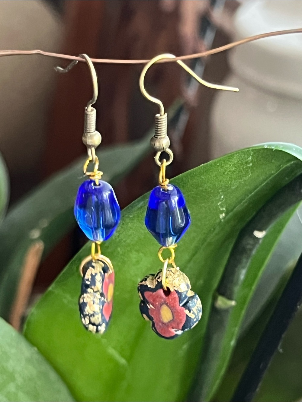 Gold-Accent Cobalt Blue Floral Drop Earrings